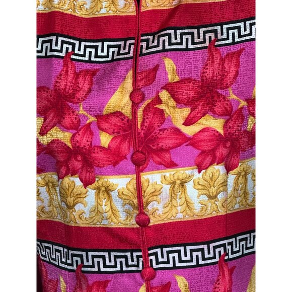 Vintage 100% Silk Floral Patterned Button Up Light Soft Jacket Vibrant Pink Gold - Picture 8 of 15